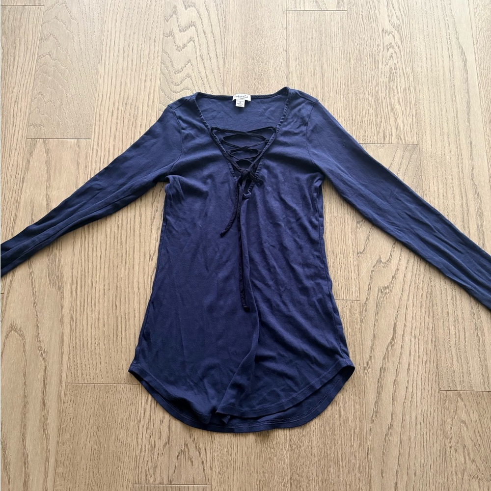 Splendid Navy Lace-Up V-Neck Long Sleeve Top